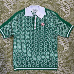 Casablanca Green Jacquard Wool Blend Knitted Polo Shirt
